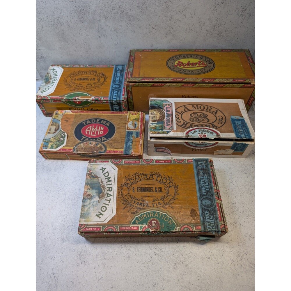 5 Antique Wooden Cigar Boxes El Rey Admiration Roberts La Mora Tadema